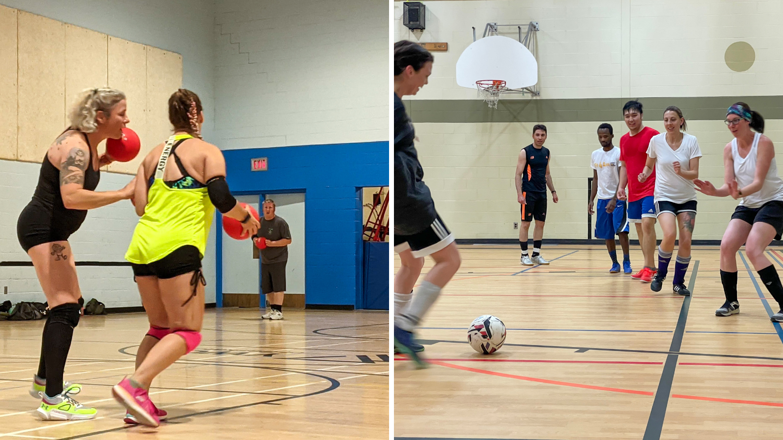 A split photo with two people playing dodgeball on the left and a group of people playing soccer on the right.